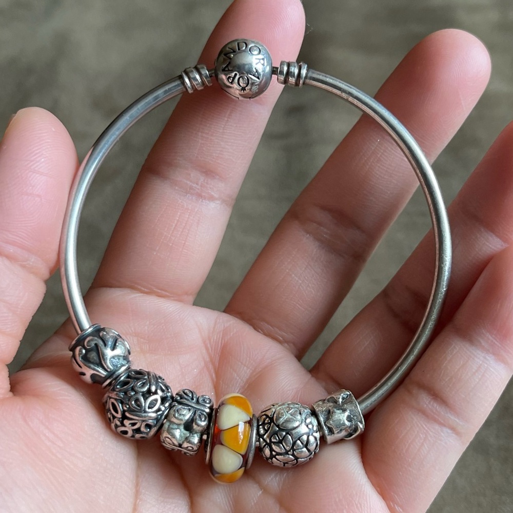 Pandora Bangle Bracelet W/ 6 Charms Euc View 2